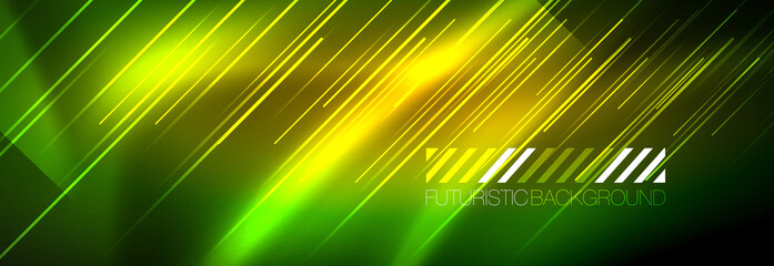 Neon glowing lines, magic energy and light motion background. Vector wallpaper template