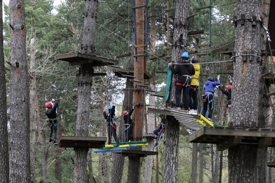 Children scouts in climbing equipment on European outdoor forest rope park at spring summer day - climbing sports active recreation - Powered by Adobe
