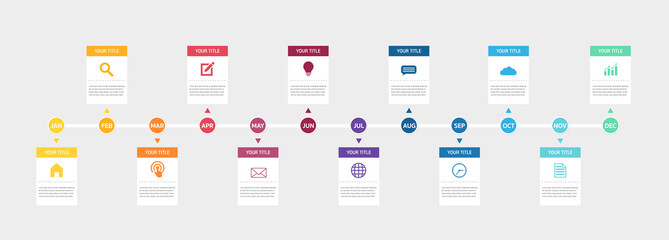 Abstract business infographics template with 12 circles and square on timeline diagrams.