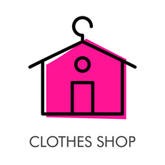 Logotipo con texto Clothes Shop con casa con tejado con forma de percha con lineas en color gris y rosa