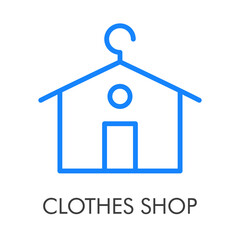 Logotipo con texto Clothes Shop con casa con tejado con forma de percha con lineas en color azul