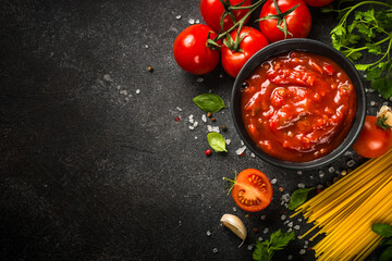 Italian food background. Tomato sauce with pasta, spices, basil and fresh tomatoes. Top view with...