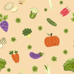 CA variety of vegetables, carrot, chilies, tomato, mushrooms, Chinese radish, cauliflower, onion, corn, cabbage, seamless pattern with color background 
