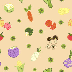 A variety of vegetables, pumpkin, cucumber, potato, mushrooms, eggplant, peppers, carrot, radish seamless pattern with color background
