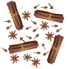 Seamless pattern with spices: cloves, star anise, cinnamon sticks on white. Christmas and New Year theme. Hand drawn holiday clipart. background for fabric, textile, wrapping, food banner, menu
