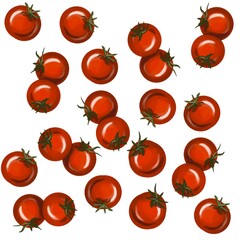Seamless background with fresh cherry tomatoes painted with watercolors. Bright juicy vegetables. 