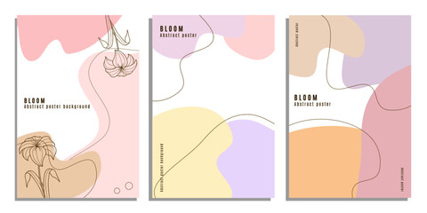 Set of modern pastel abstract poster template. Fluid shape background with line and flower.