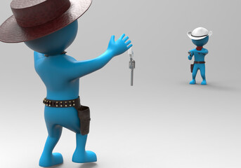 3d rendering of balloonhead cuties, doing a duell in wild west.