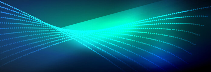 Neon shiny color background with light glowing wave line particles. Wallpaper background, design templates for business or technology presentations, internet posters or web brochure covers