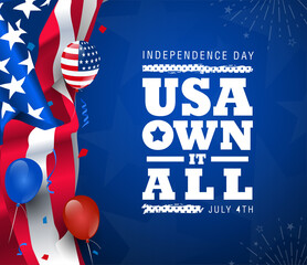 Celebrating that, Independence day since 1776 on navy blue color background with usa flag-waving, firework burst & balloon. Use for sale banner, discount banner, Advertisement banner, postcard, etc.
