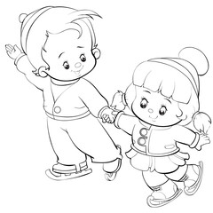 sketch, figure skating, cute kids skating on ice in winter in pair, isolated object on white background, cartoon illustration, vector,