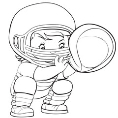 sketch, a painless player in a helmet and with a glove sits and is ready to hit the ball, isolated object on a white background, cartoon illustration, vector,