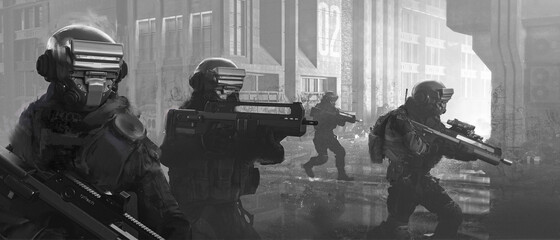 Special forces of the future are going to capture the target. Cyberpunk style © Антон Майоров