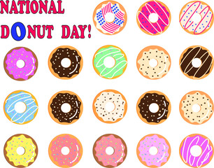 National Donut Day.  Set of colorful vector donuts with various decorations.