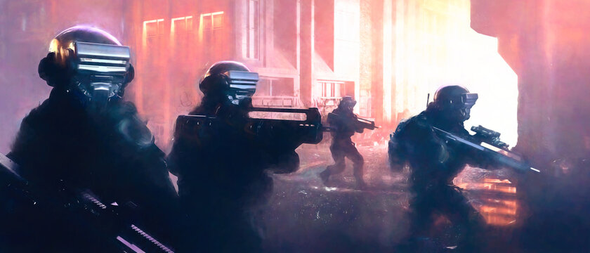 Special forces of the future are going to capture the target. Cyberpunk style