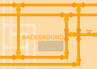 Plumbing pipes background. Yellow tubes valves meter junction on white background.