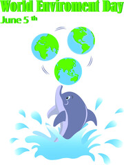 Vector illustration for World Environment Day with a dolphin playing with a globe.