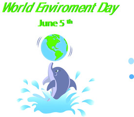 Vector illustration for World Environment Day with a dolphin playing with a globe.