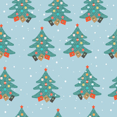 Christmas and Happy New Year seamless Christmas tree pattern with Christmas toys and gifts. Trendy retro style. Vector design template.