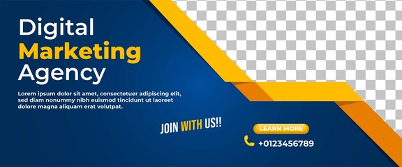 Digital marketing agency web banner template design. Editable banner design with blue background and yellow frame.