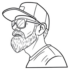 man with full beard and sunglasses from the side. surfer, outline, comic, monochrome.
