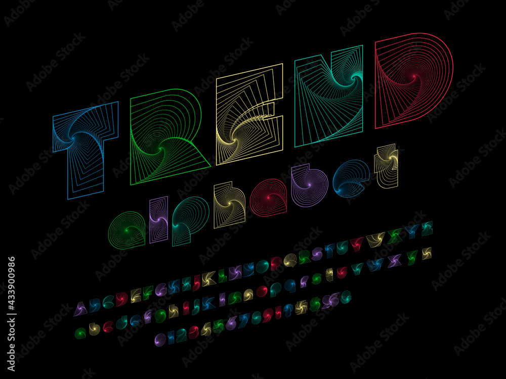 Fototapete spiral vortex style alphabet design with uppercase, lowercase, numbers and symbols