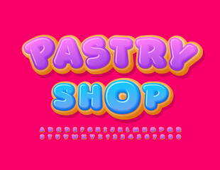 Vector delicious logo Pastry Shop with Violet glazed Font. Sweet Donut Alphabet Letters and Numbers set
