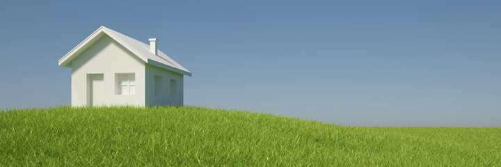 maison en 3d sur pelouse avec ciel bleu - obrazy, fototapety, plakaty