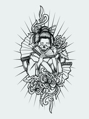 tattoo and t shirt design black and white hand drawn geisha skull engraving ornament