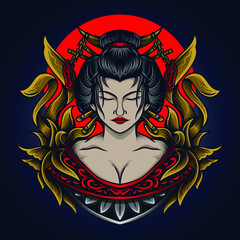artwork illustration and t shirt design geisha sun engraving ornament