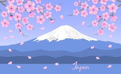 Japanese landscape with blooming sakura flowers branches and mount Fuji - obrazy, fototapety, plakaty