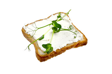 Toast bread slice with microgreens pea shoots isolated on white background