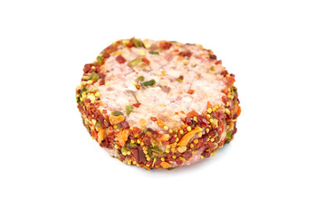 Raw meat patty with spices, pork cutlet isolated on white