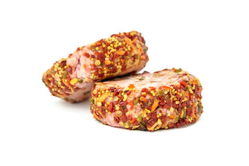 Raw meat patties with spices, two pork cutlets isolated on white