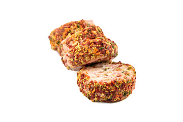 Raw meat patties with spices, four pork cutlets isolated on white