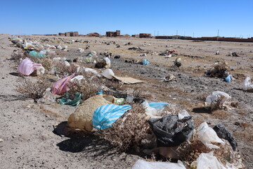 Pollution problem, plastic bags in the desert, looped trash bags in bushes, the environment suffers...