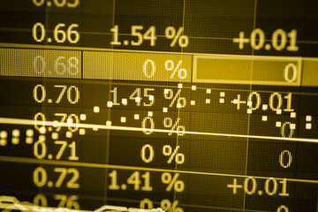 Charts of stock market instruments with various type of indicators and volume analysis for professional technical analysis on the monitor of a computer. Fundamental and technical analysis concept.	
