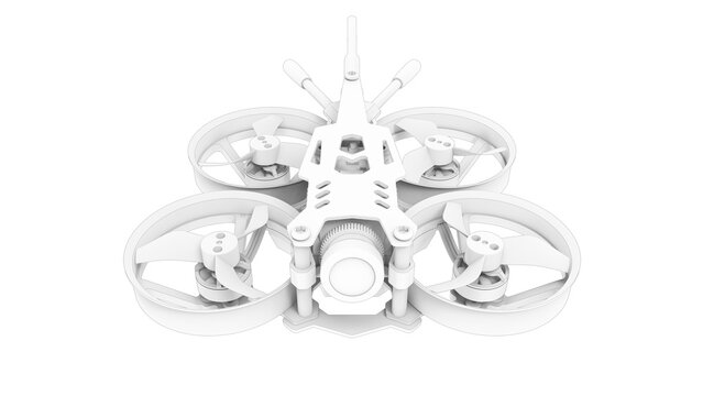 3D rendering of a race drone cinematic footage tool computer model on white background.