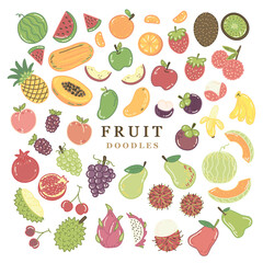 Doodle set of cute fruits, watermelon, orange, strawberry, kiwi, pineapple, apple, lychee, papaya, mango, mangosteen, banana, peach, blackberry, melon, pomegranate, grapes, dragon fruit, and durian 