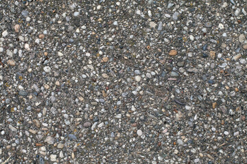 Homemade Exposed Aggregate Concrete. Beton with visible brash texture. Photographic pattern of dense ballast concrete. Gray rabblework bg image, top view. Strong concrete surface. Site concrete floor