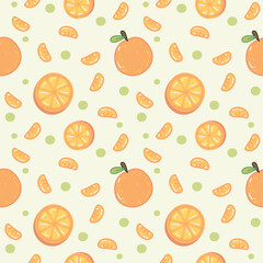 Cute fresh orange fruits seamless pattern with green dot and soft color background