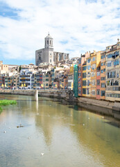 Fototapeta na wymiar Catedral resaltando sobre los edificios de la ciudad frente al río.