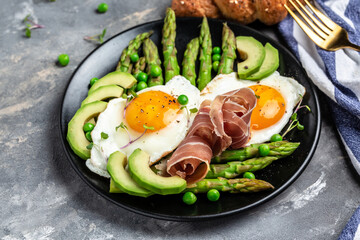 Ketogenic diet healthy breakfast meal asparagus with prosciutto, avocado and fried eggs. Healthy food, diet lunch concept. Keto Paleo diet menu, top view