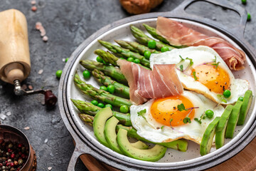 Ketogenic diet healthy breakfast meal asparagus with prosciutto, avocado and fried eggs. Healthy food, diet lunch concept. Keto Paleo diet menu, top view