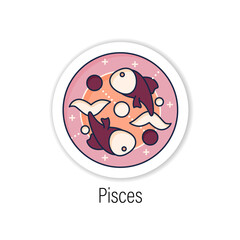 Pisces sticker icon. Twelfth fire sign in zodiac. Fish birth symbol. Horoscope sign badge for designs. Astrological science vector emblem