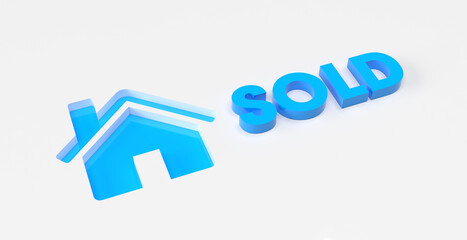 Home sold - 3D house icon engraved in white surface on blue background - Real estate sold -Modern and minimalist concept - 3D typography