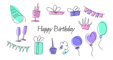 Happy Birthday Party Doodle Line Icon Sketch Hand Made Vector Art. Birthday design elements for greeting cards, invitations