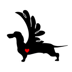 Dachshund dog. Vector black silhouette. Winged Dachshund with wings, Valentine's Day pattern, T-shirt decoration, tattoo