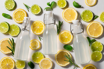 three glass bottles of lemonade on bright tropical citrus background. Summer refreshing drink concept. flat lay