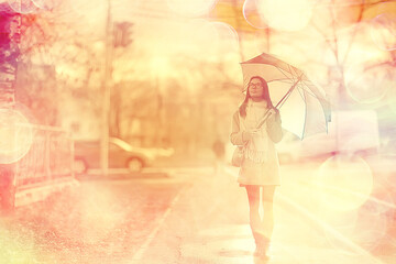 girl umbrella forest landscape / autumn view young woman with umbrella in city park